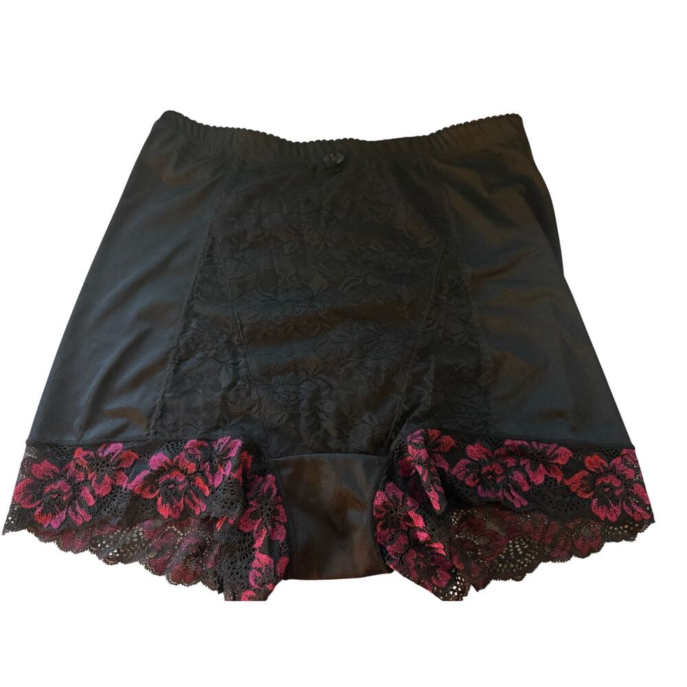 Rhonda Shear Panty Pin Up Lace Trim Inky Black Red Rose Womens Large Modest